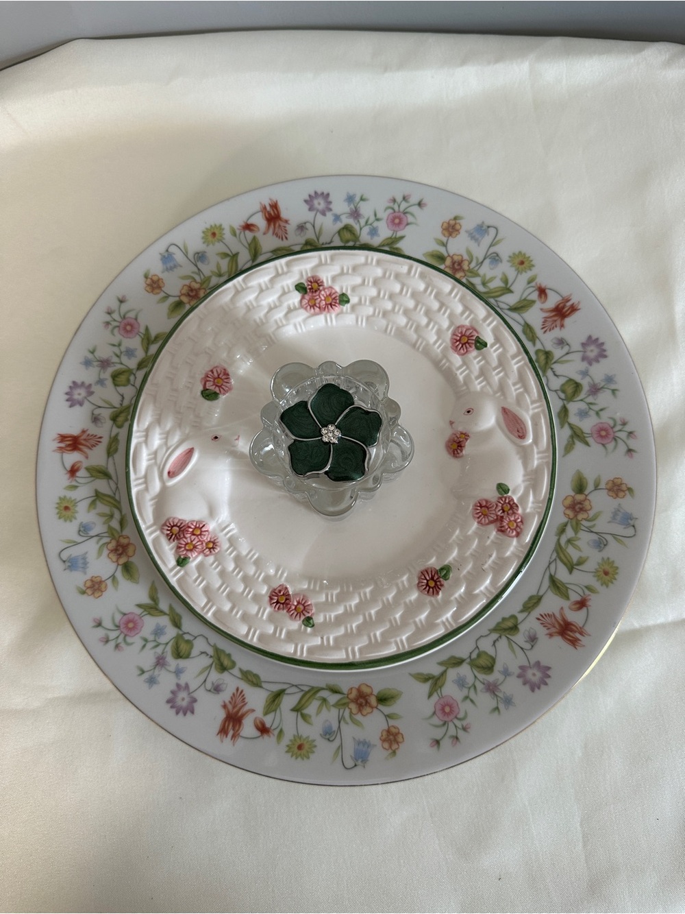 Glass Garden Flower Art Floral Plate Bunny Plate Floral Center Accents
